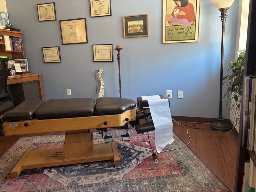 Dr. Hillwig’s Haverford treatment room with framed credentials