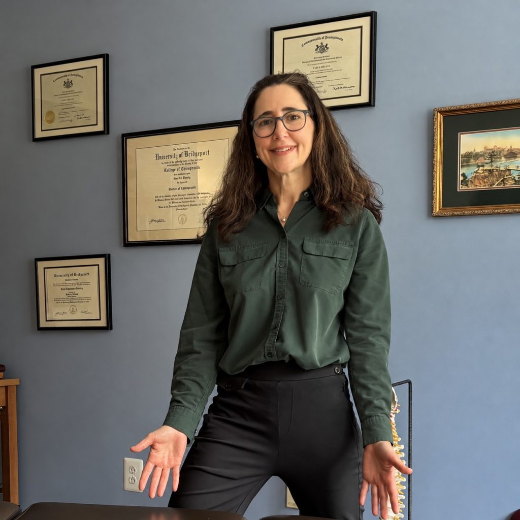 Dr. Cara Hillwig smiling in her Haverford office